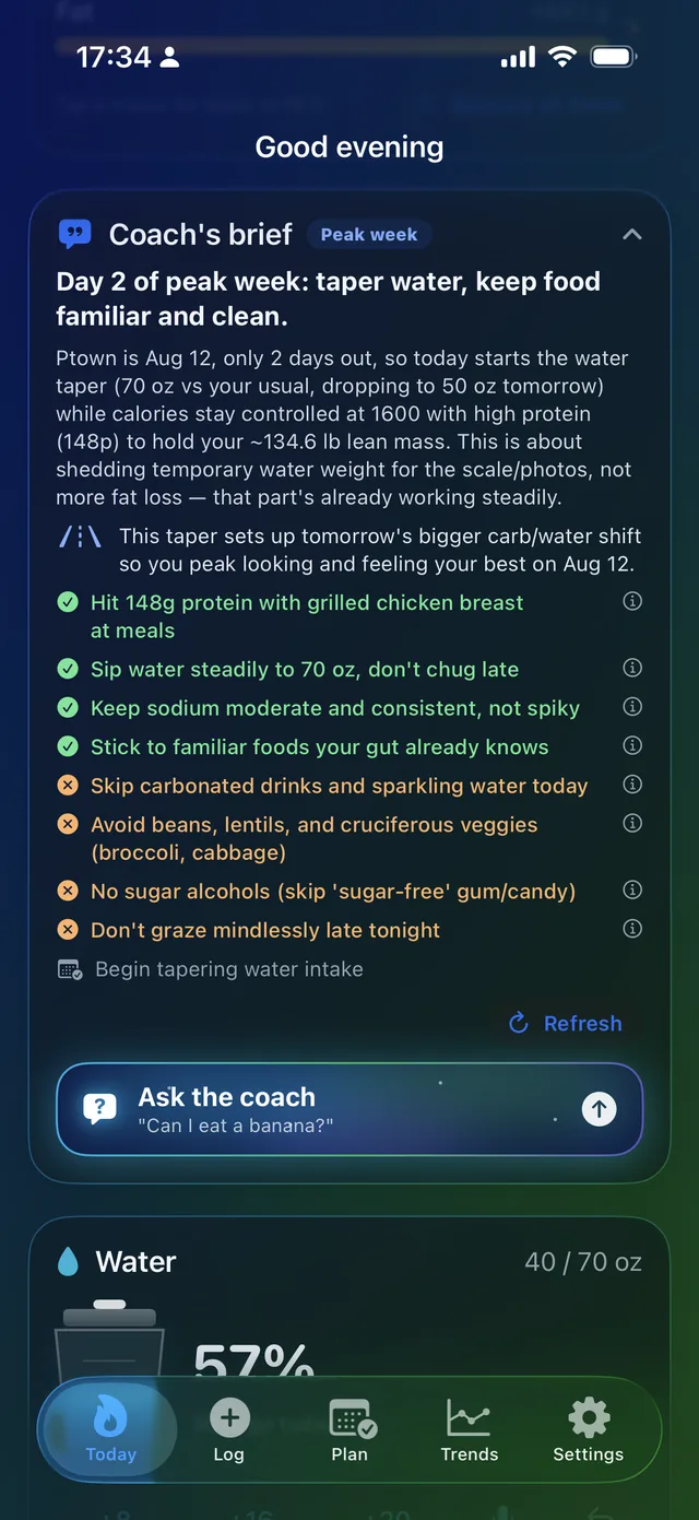 The Coach’s brief on a peak-week day: taper water, keep food familiar, with dos and avoids listed.