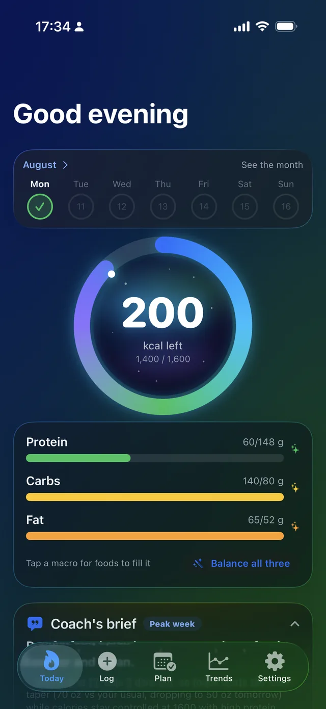 Borea’s Today screen: the aurora calorie ring reading 200 kcal left, protein, carbs and fat bars beneath it, and a Coach’s brief.