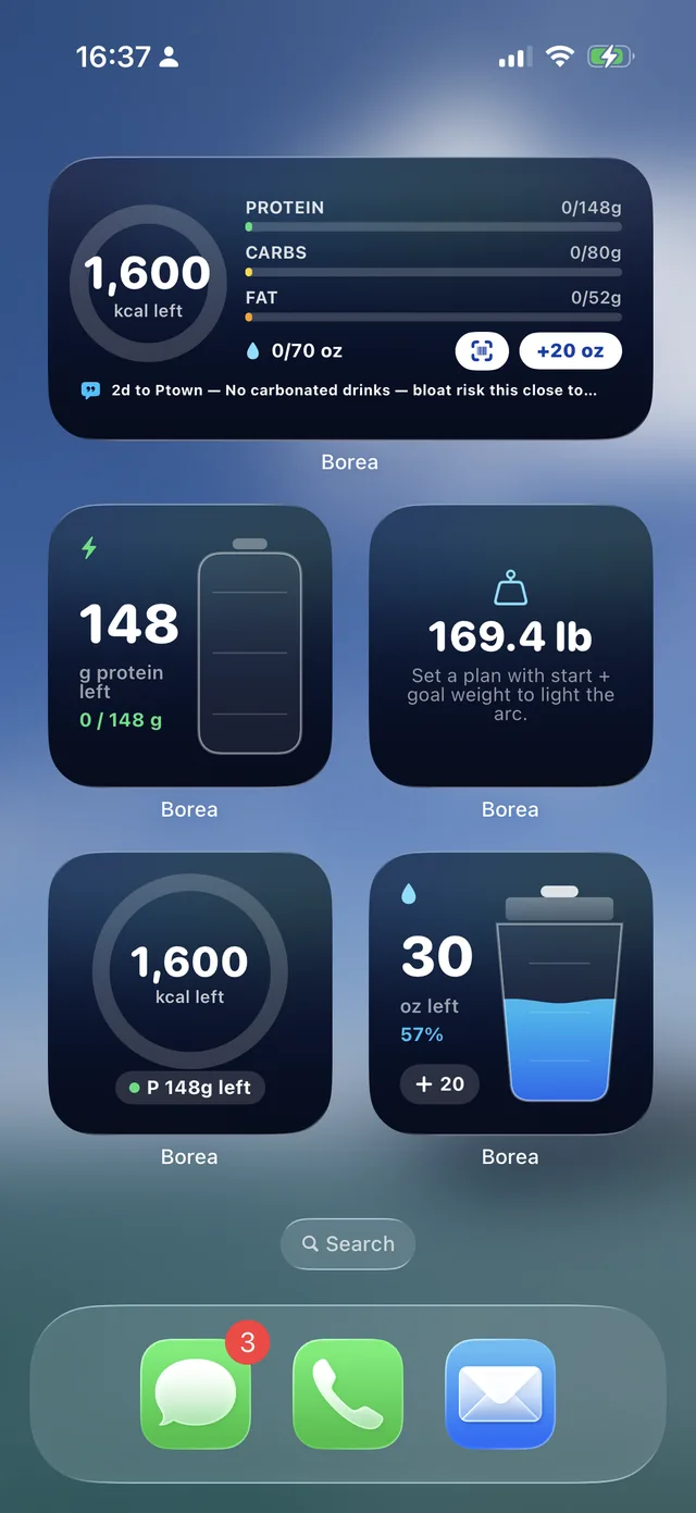 An iPhone Home Screen with Borea’s aurora widgets: the calorie ring, a protein battery, and a water bottle filling.